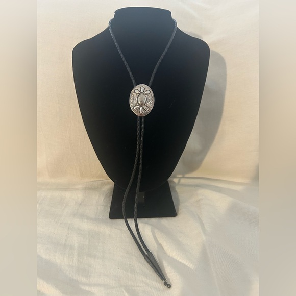 Native American Navajo Sterling Silver Stamped Domed Concho Style Bolo Tie